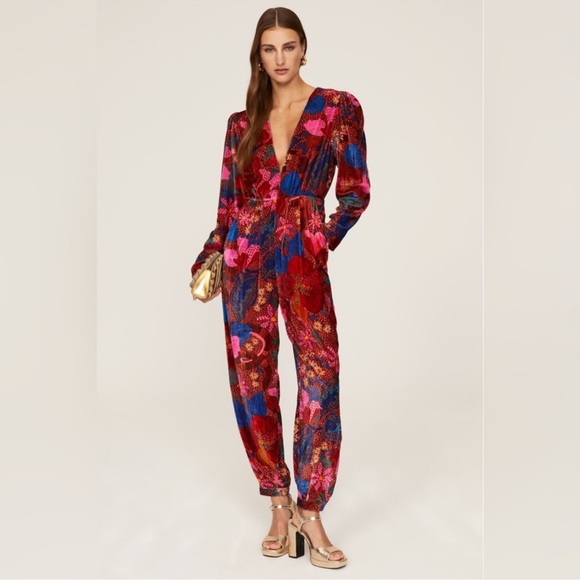 FARM Rio Pants - NWT Farm Rio Snake Garden‎ Red Floral Velvet Jumpsuit with Pockets XS